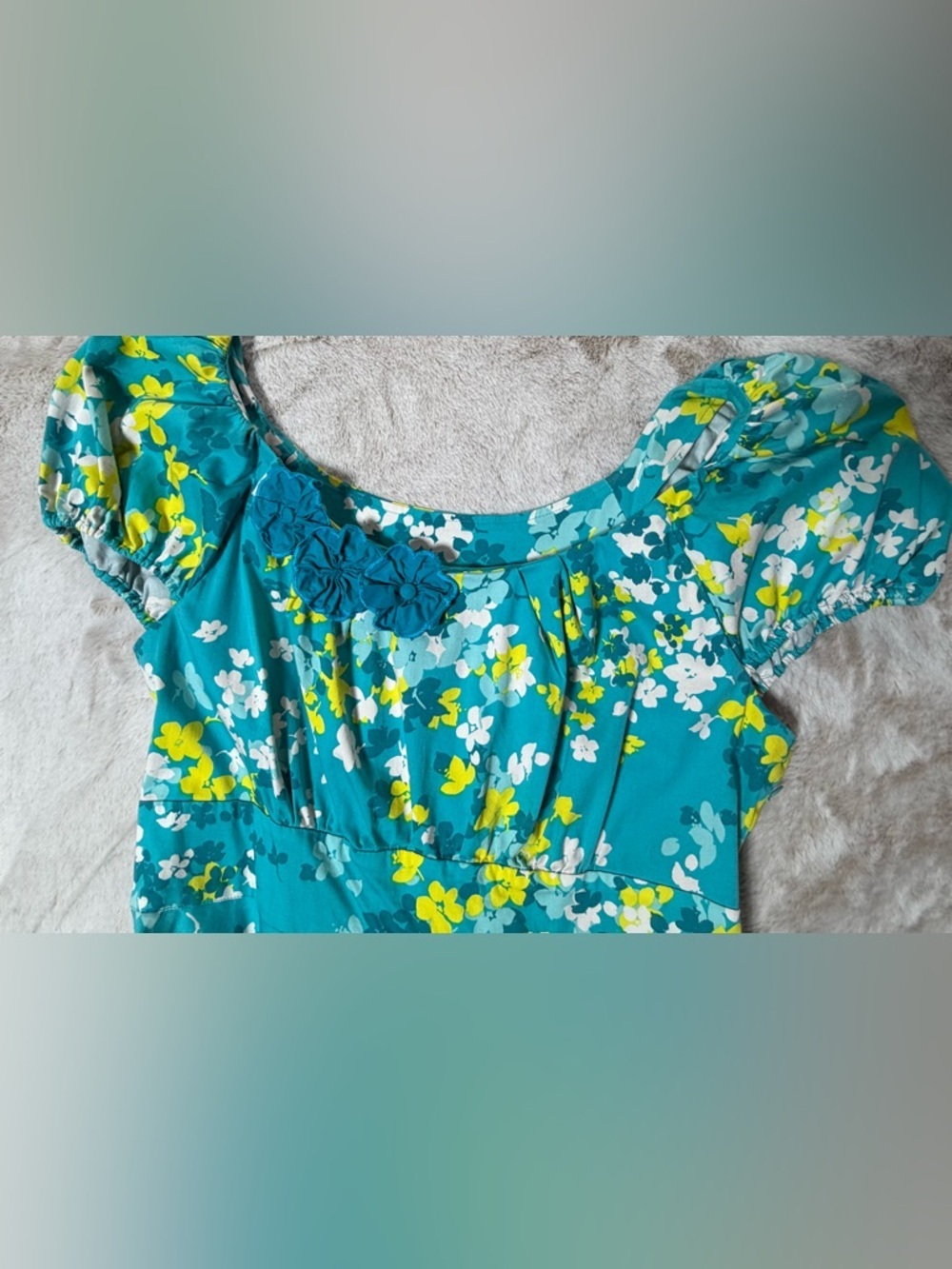eshakti Teal Floral Puff Sleeve Dress w/Pockets & Fabric Flowers at Neckline 1X - Picture 7 of 12